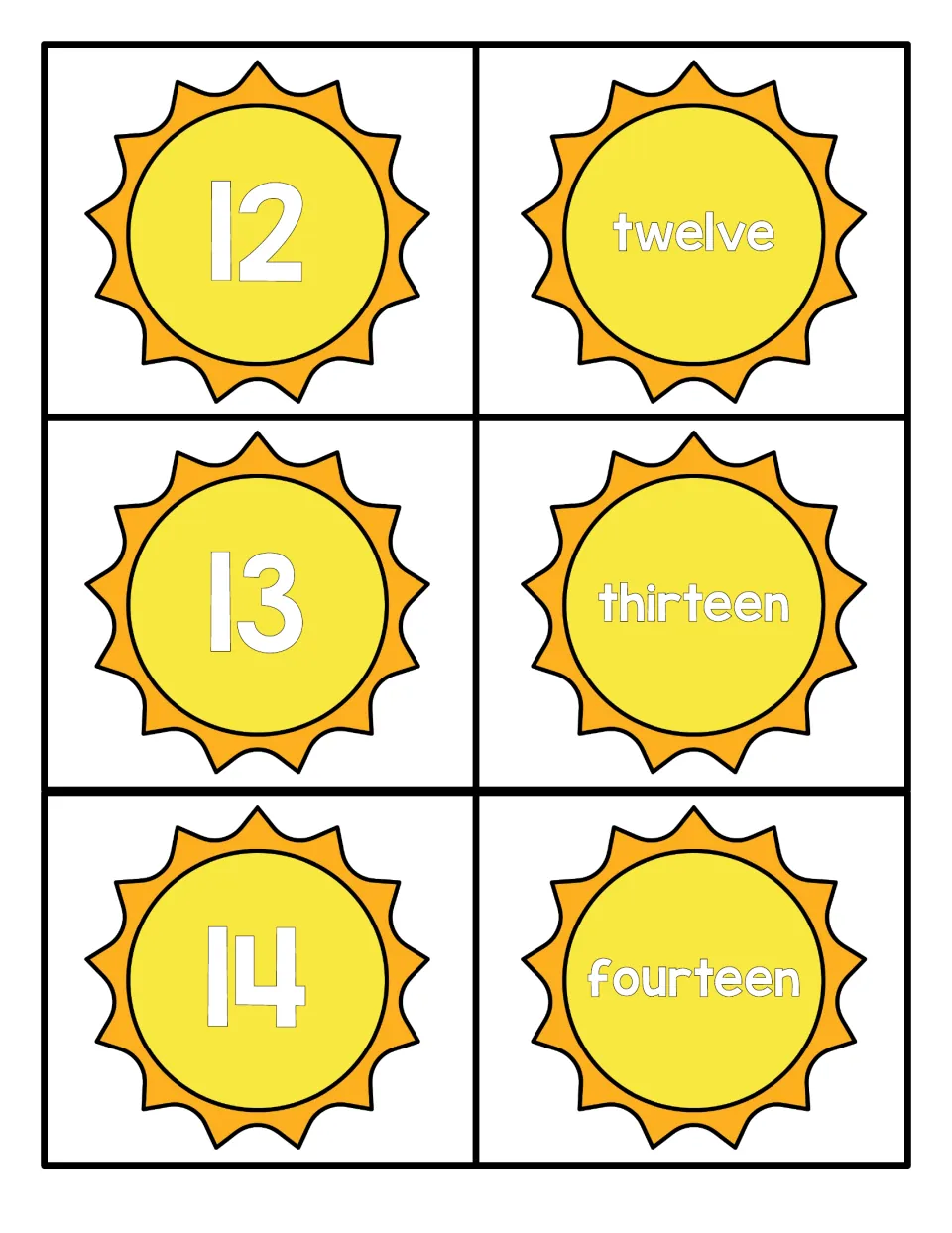 Teen number cards 12 to 14: students match sun cards for 12, 13 and 14 to the words twelve, thirteen and fourteen