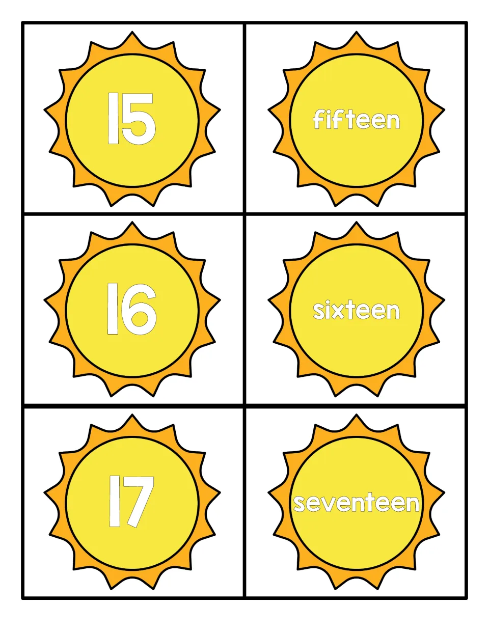 Teen number cards 15 to 17: sun cards show numerals 15, 16 and 17 with matching words fifteen, sixteen and seventeen