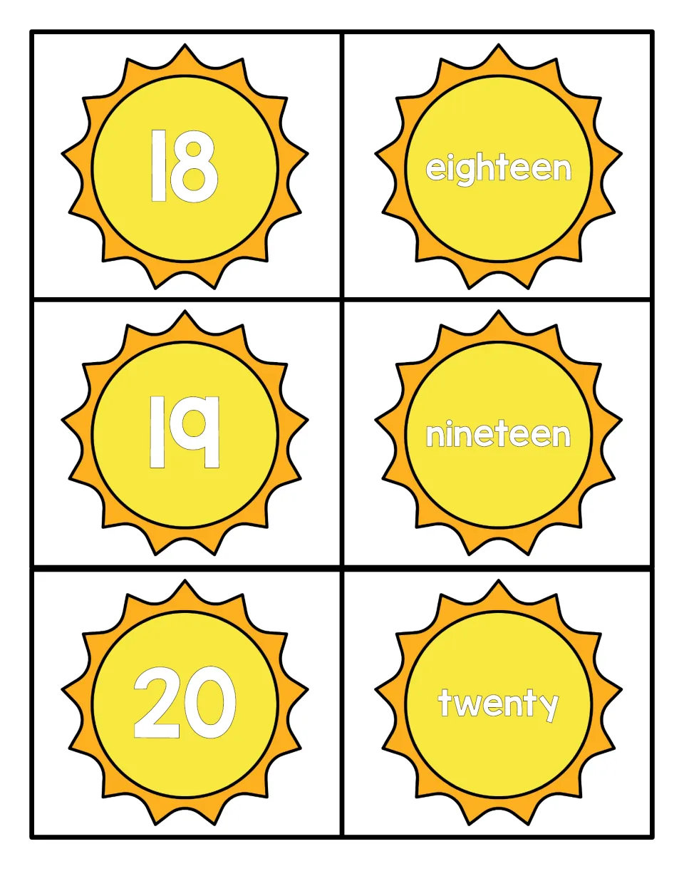 Number cards 18 to 20: students match sun cards for 18, 19 and 20 to the number words eighteen, nineteen and twenty