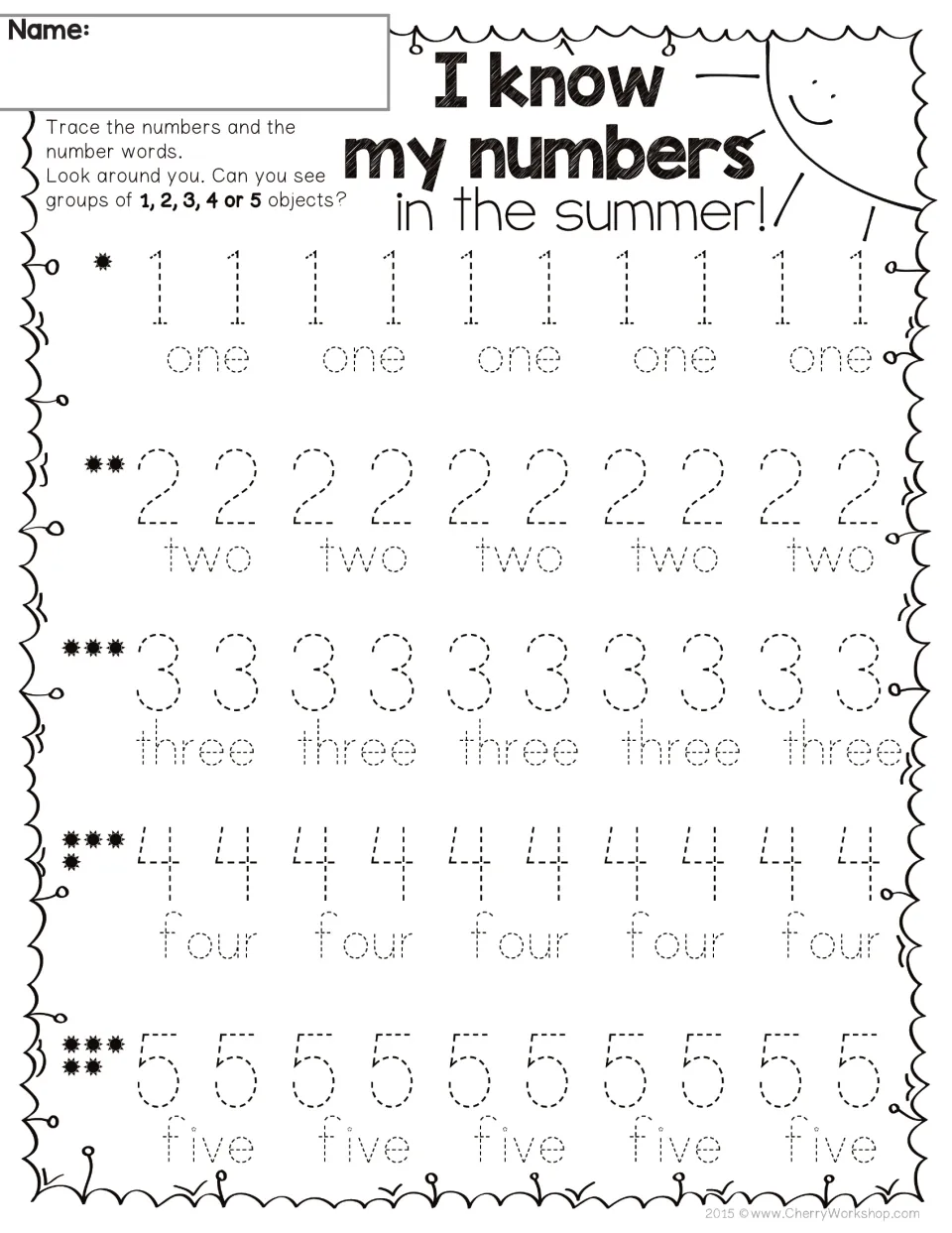 I know my numbers in the summer, 1 to 5: students trace each numeral and number word, with star groups showing each amount