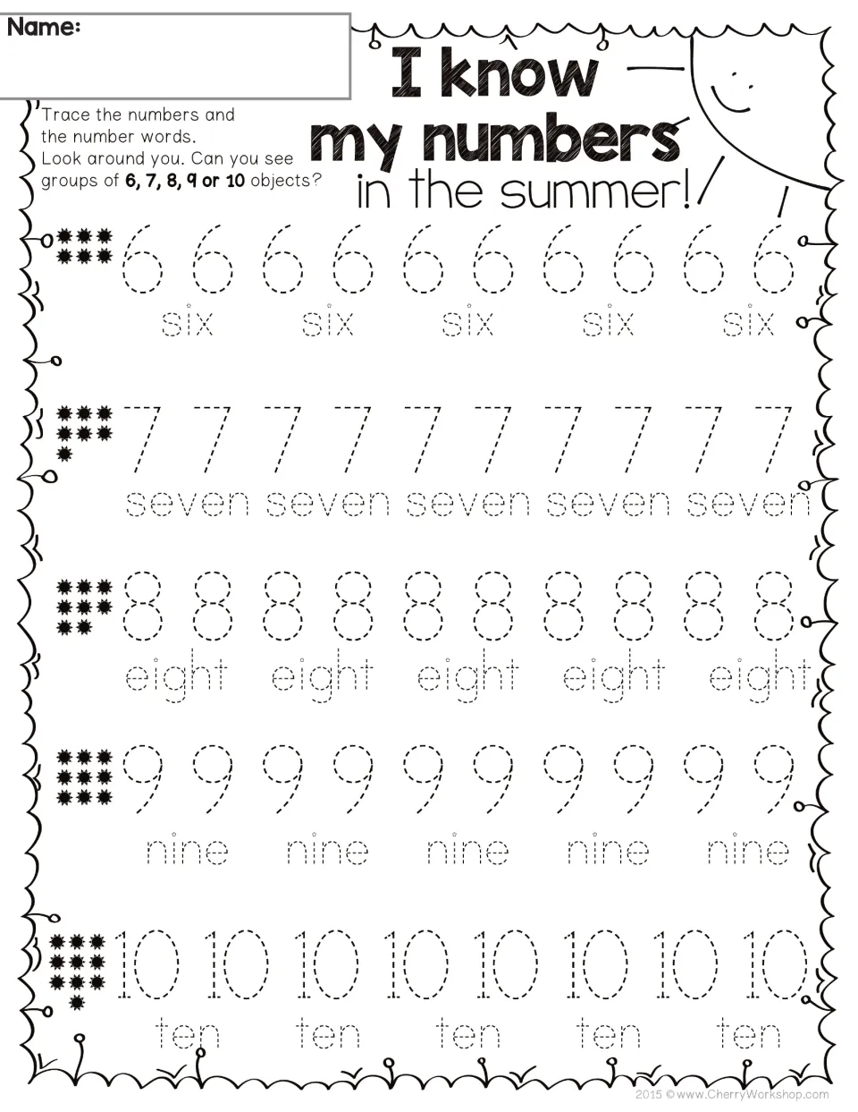 Numbers 6 to 10 tracing: students trace each numeral and its number word, then look for groups of 6 to 10 objects nearby