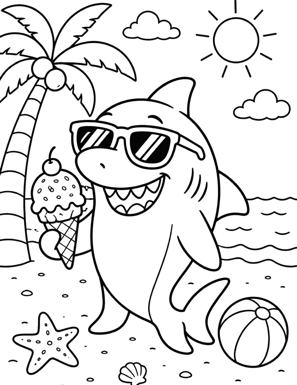 Beach shark coloring page: students color a grinning shark in sunglasses holding an ice cream cone by a palm tree
