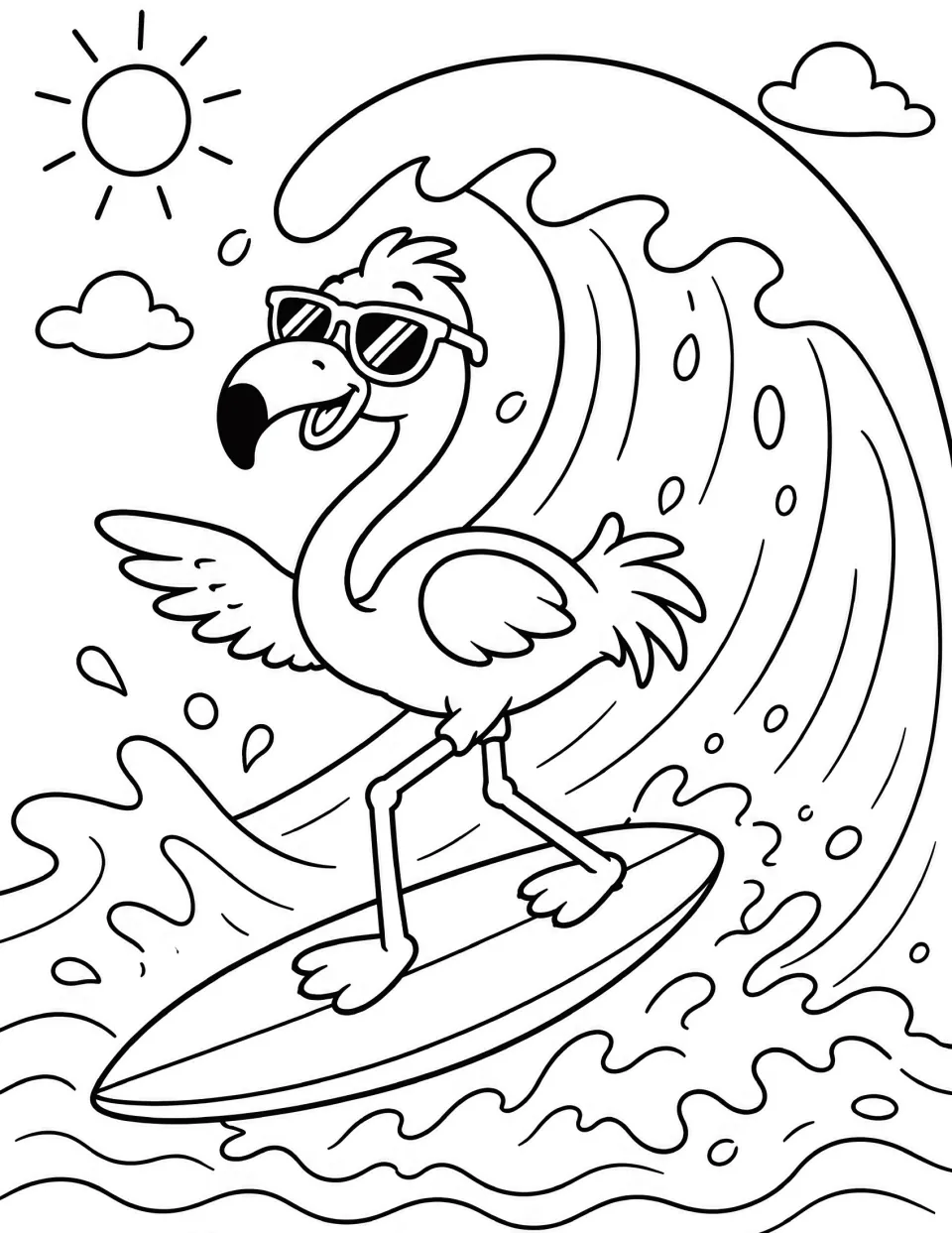 Surfing flamingo coloring page: students color a flamingo in sunglasses riding a surfboard under a large curling wave