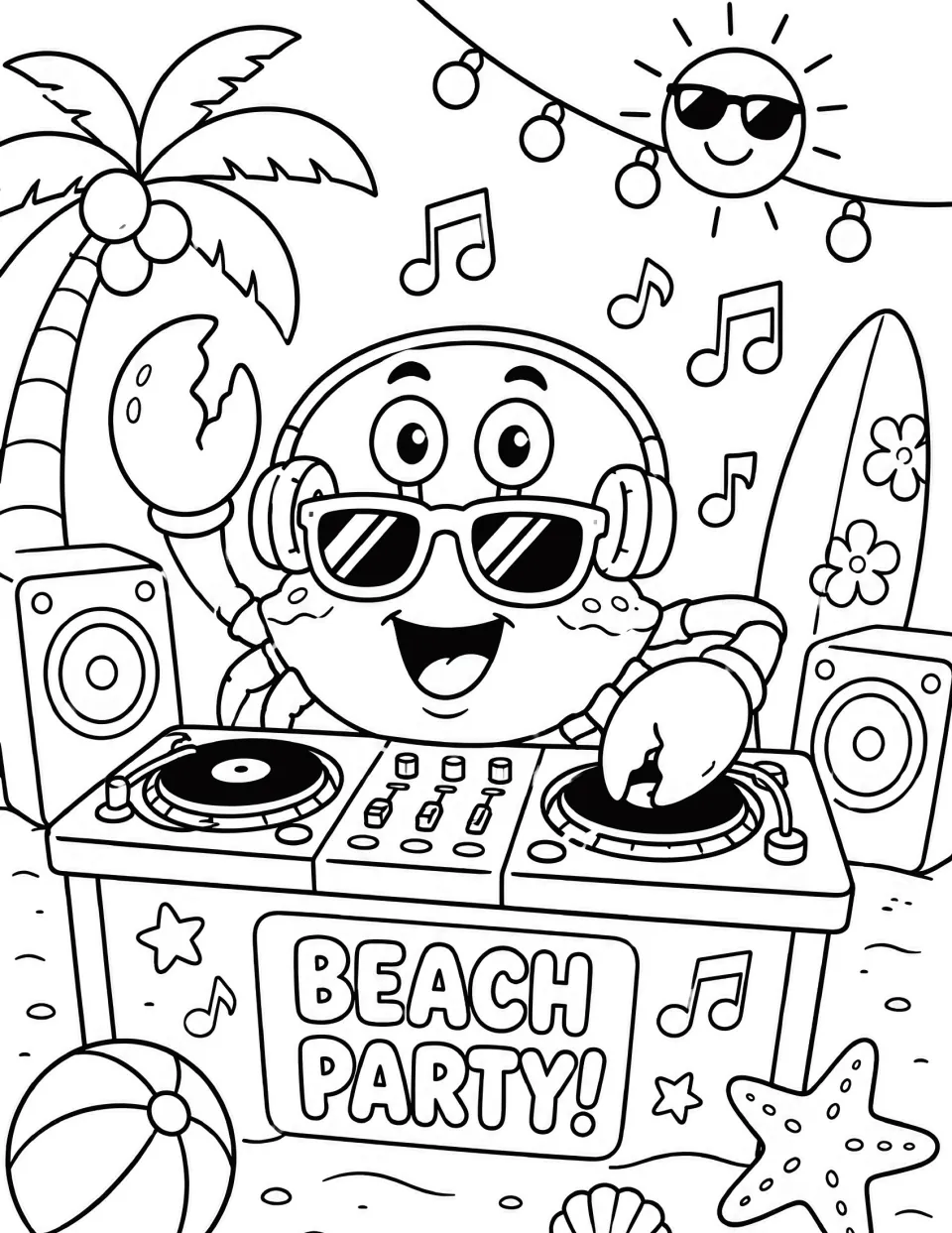 Beach Party DJ crab coloring page: students color a crab in headphones at turntables with speakers and music notes