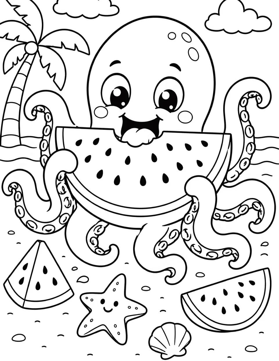 Octopus coloring page: students color a smiling octopus biting a watermelon slice, with more slices and a starfish