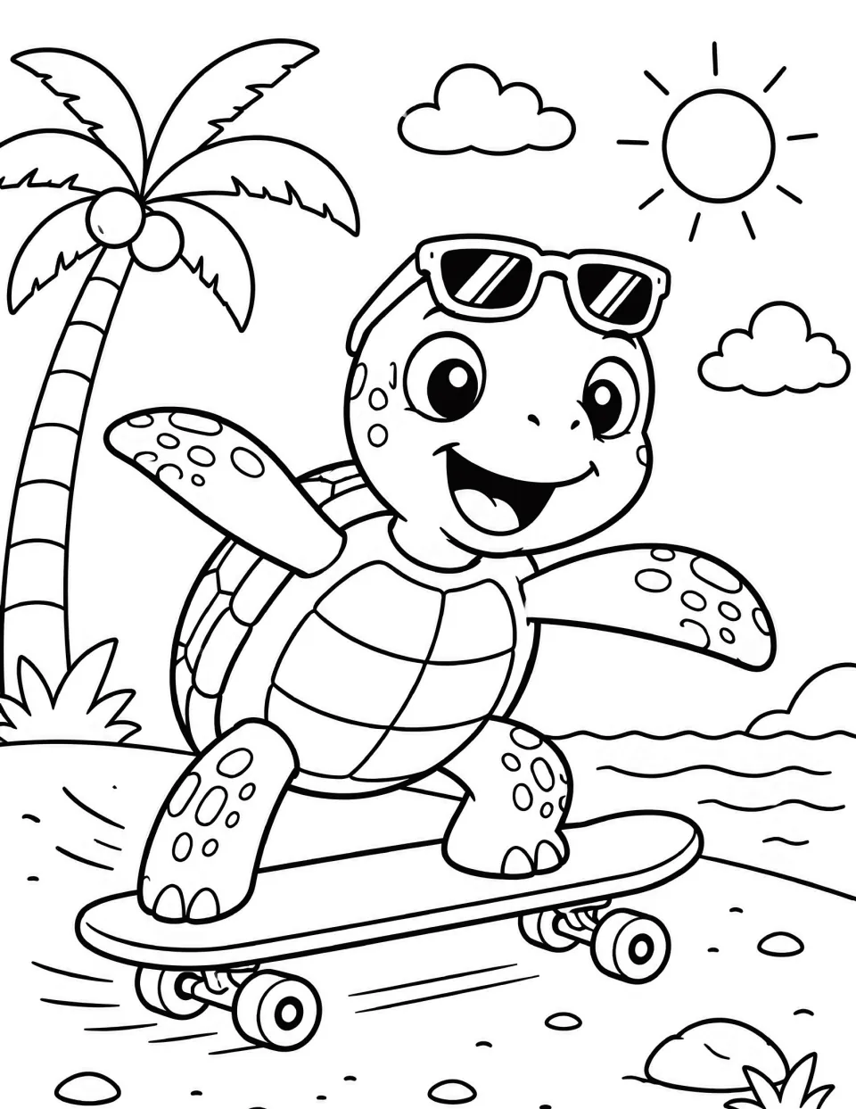 Sea turtle coloring page: students color a cheerful turtle with sunglasses riding a skateboard along the beach shore
