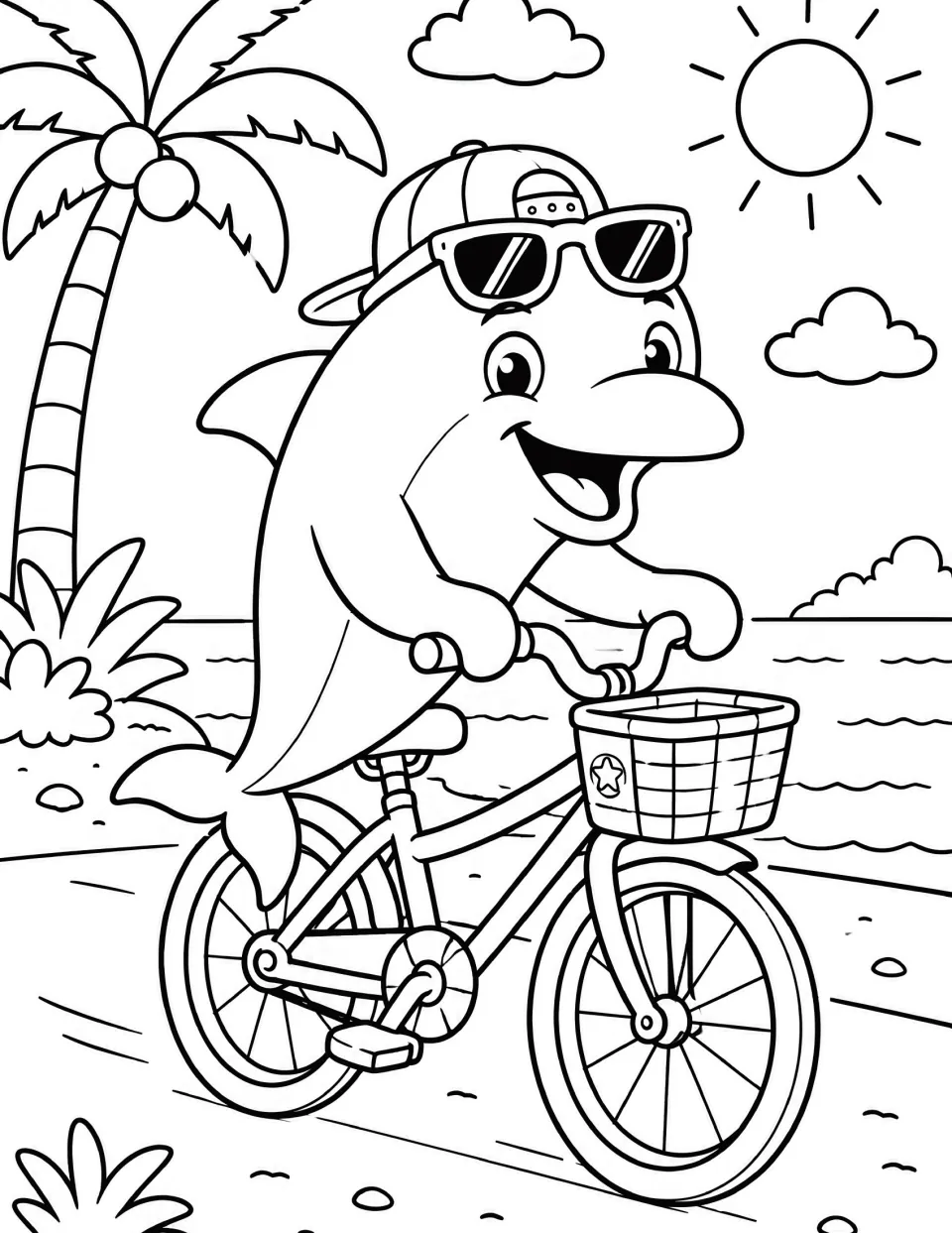 Dolphin coloring page: students color a dolphin in a cap and sunglasses riding a bike with a basket beside the sea