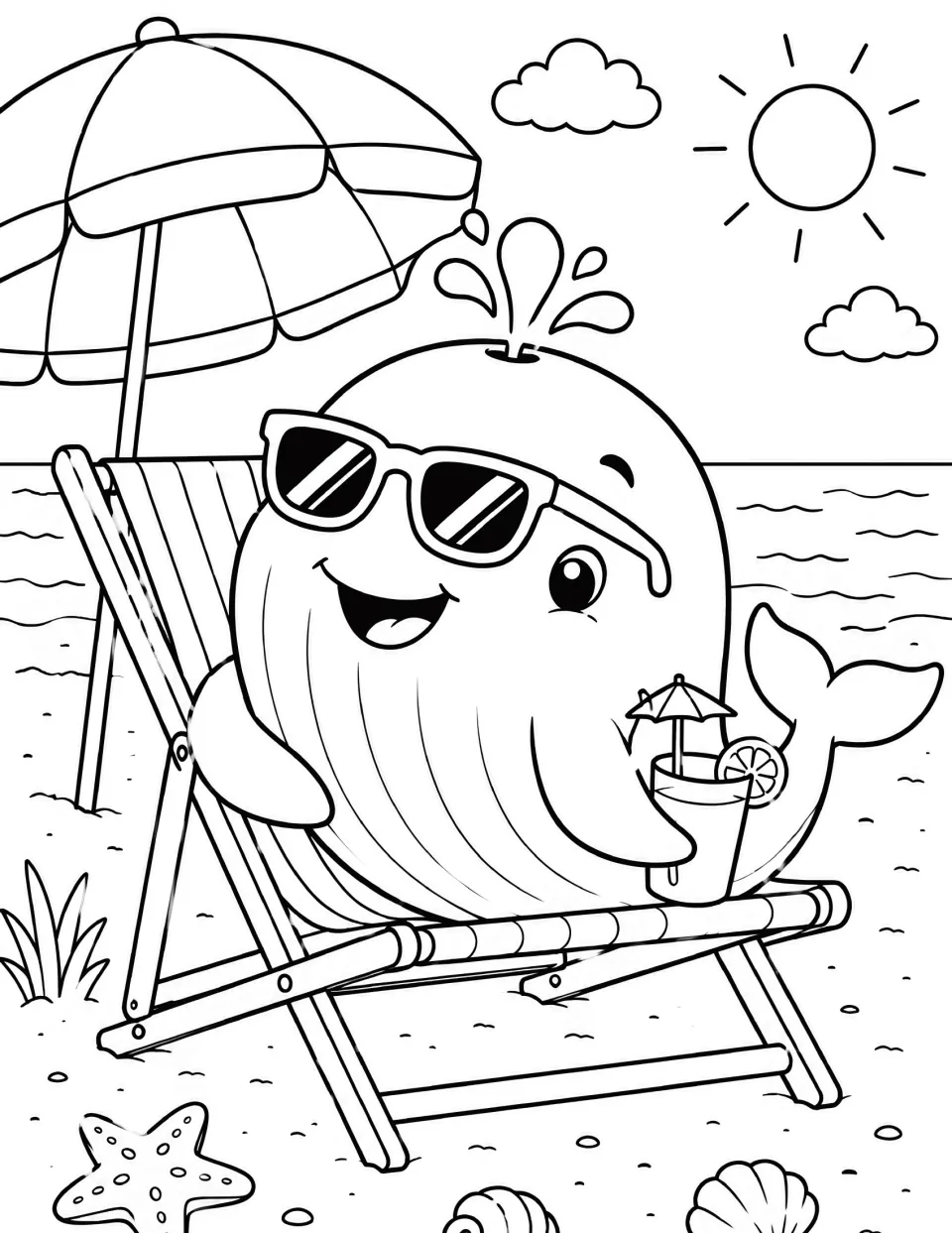 Whale coloring page: students color a whale in sunglasses relaxing in a deck chair under an umbrella with a cold drink