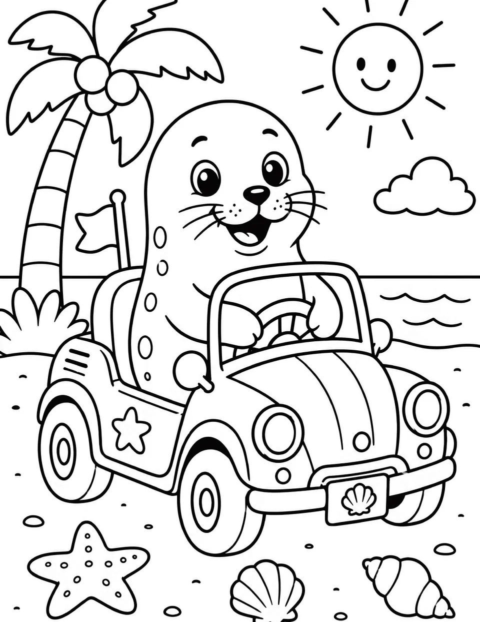 Seal coloring page: students color a happy seal driving a small beach buggy with a shell plate past shells and a starfish