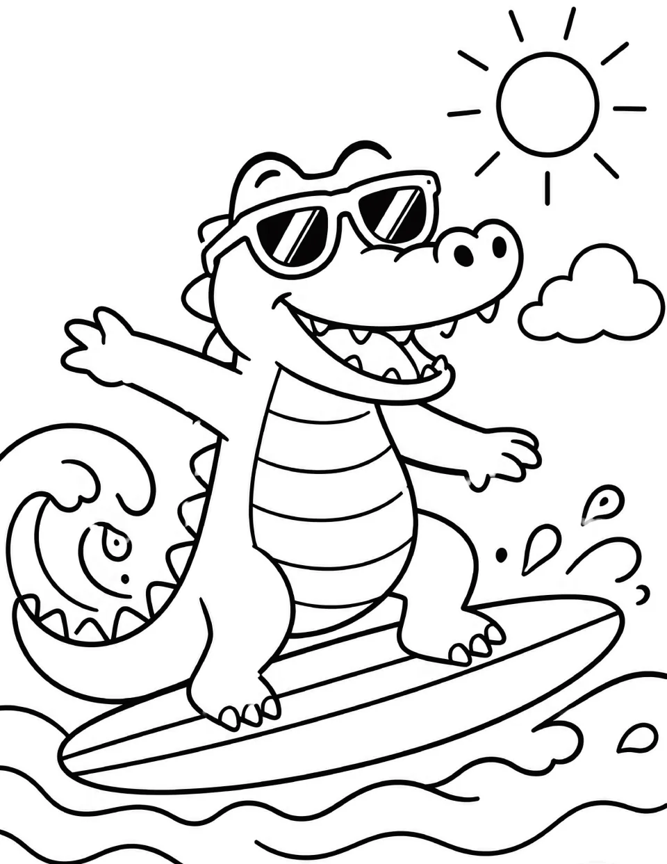 Alligator coloring page: students color a grinning alligator in sunglasses surfing a wave, with splashes and a bright sun