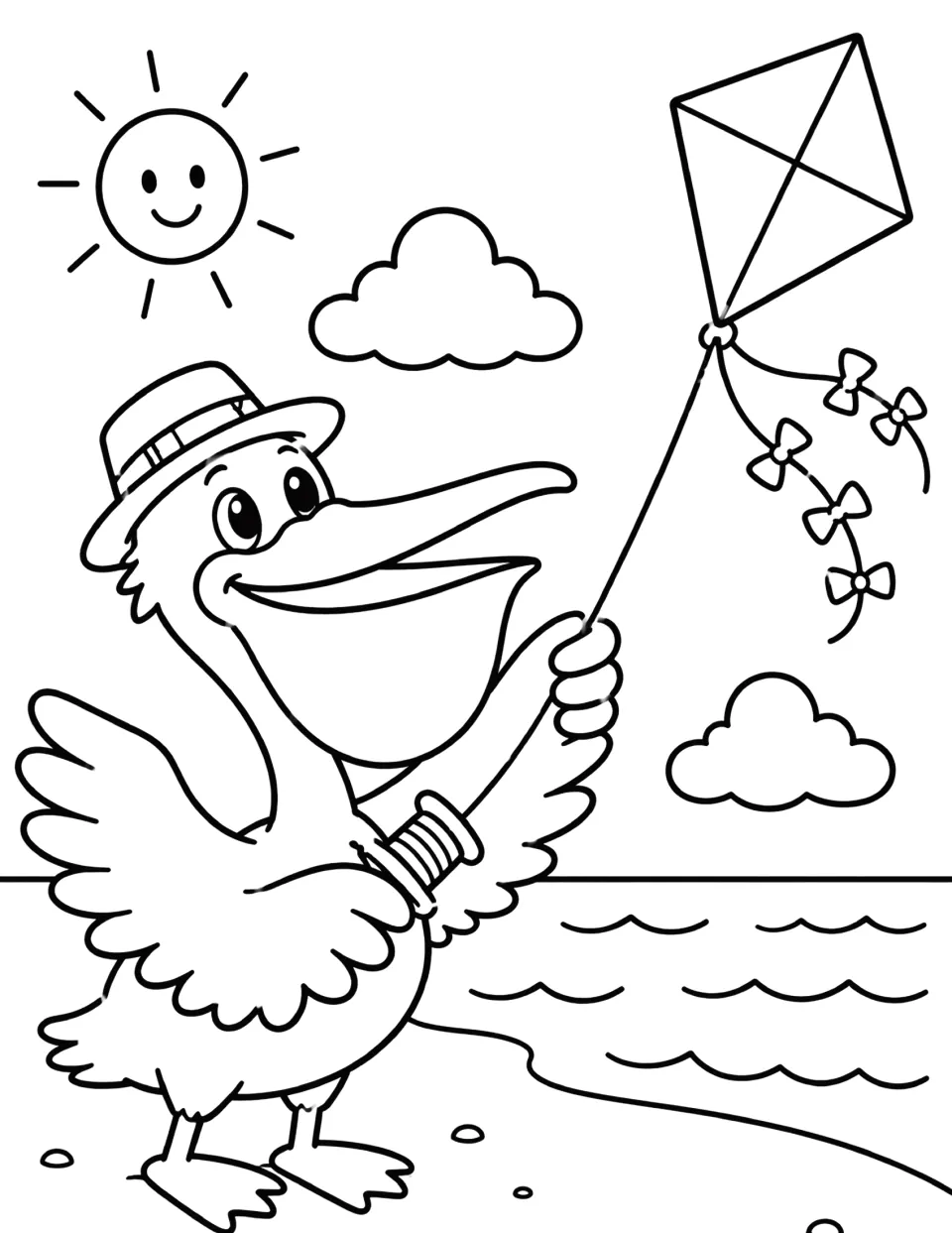 Pelican coloring page: students color a pelican in a hat flying a bow-tailed kite over the shore under a smiling sun