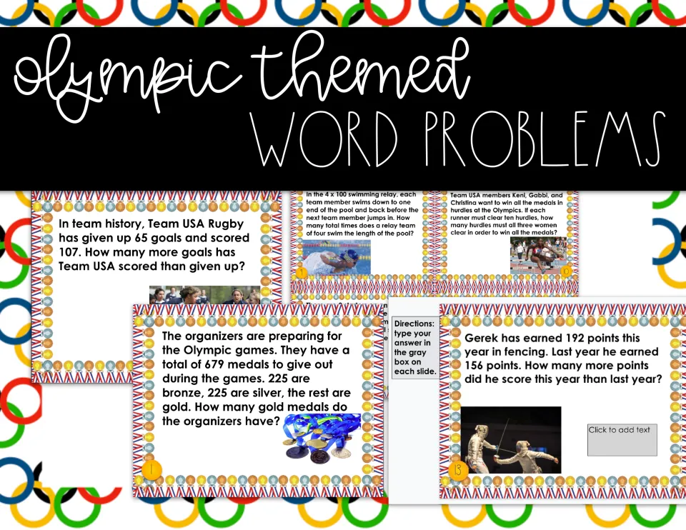 Olympic themed word problems cover showing medal-bordered task cards on medals, rugby, fencing, swimming and hurdles