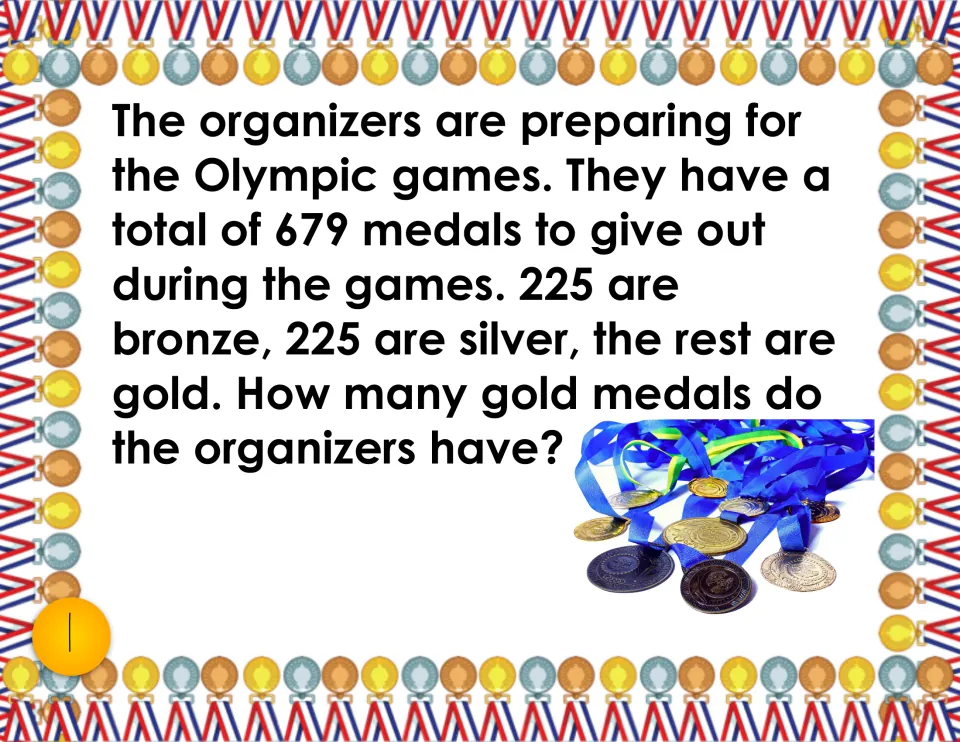 Task card 1, medal subtraction: students find how many of 679 Olympic medals are gold when 225 are bronze, 225 silver