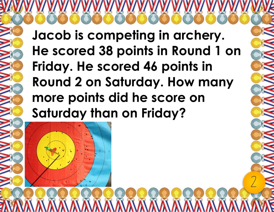 Task card 2, archery comparison: students find how many more points Jacob scored on Saturday (46) than Friday (38)