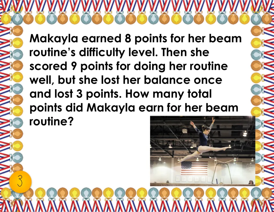 Task card 3, gymnastics scoring: students add 8 and 9 points, then subtract 3 lost points for Makayla's beam routine