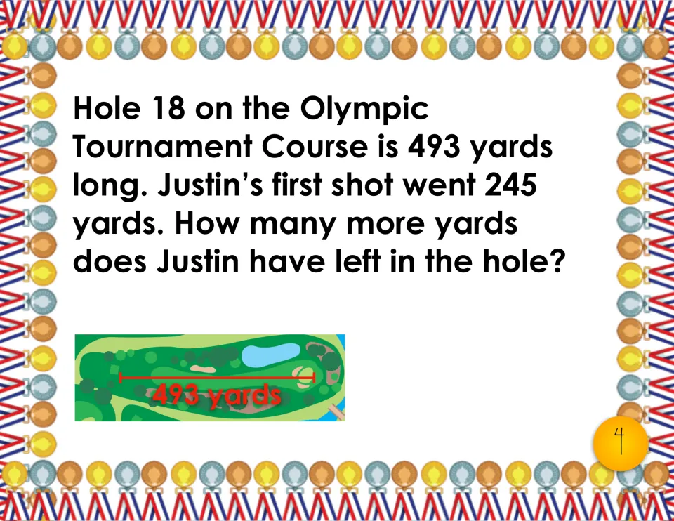 Task card 4, golf distance: students subtract Justin's 245-yard shot from the 493-yard hole 18 to find yards left