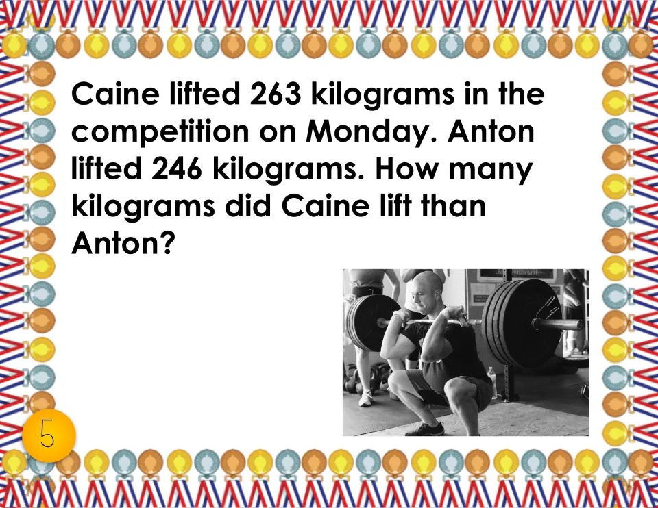 Task card 5, weightlifting comparison: students find the difference between Caine's 263 kg and Anton's 246 kg lifts