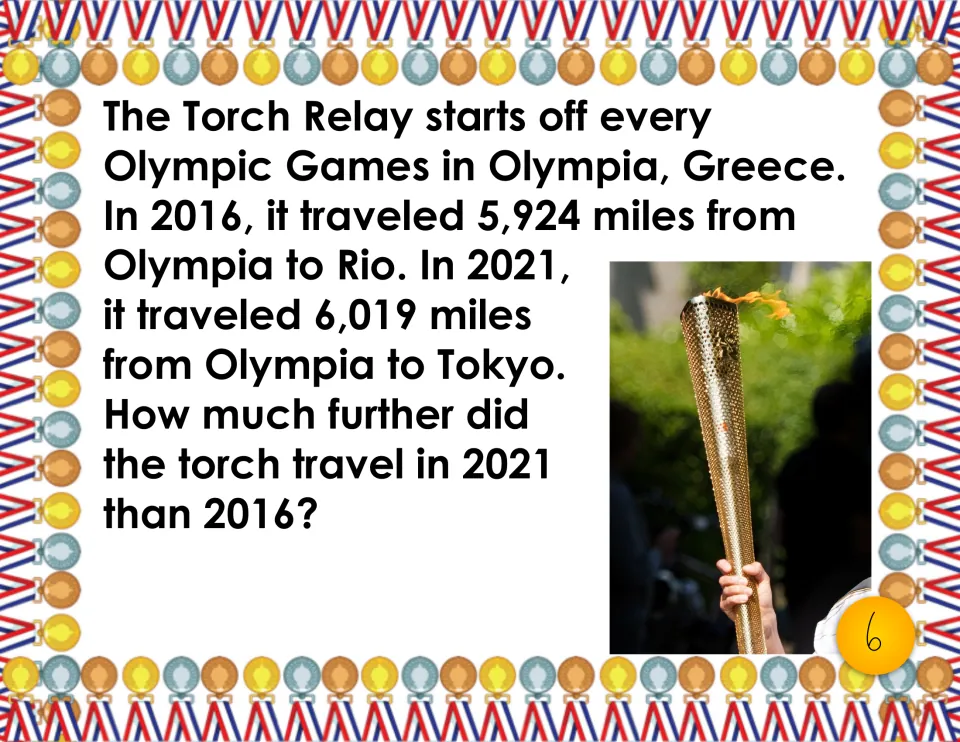 Task card 6, torch relay: students compare 5,924 miles to Rio in 2016 with 6,019 miles to Tokyo in 2021
