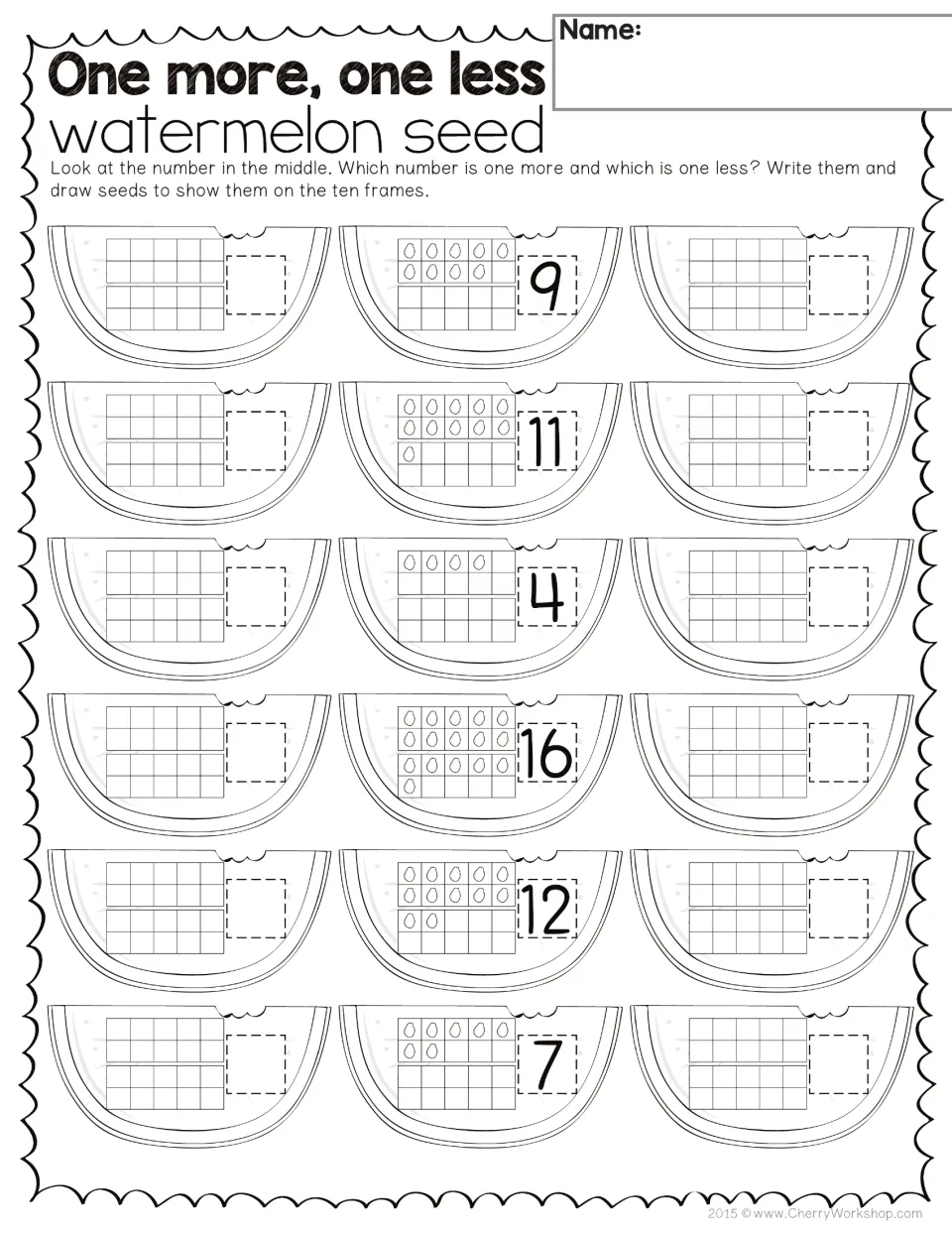 One more, one less practice using 9, 11, 4, 16, 12, and 7; write adjacent numbers and draw watermelon seeds.