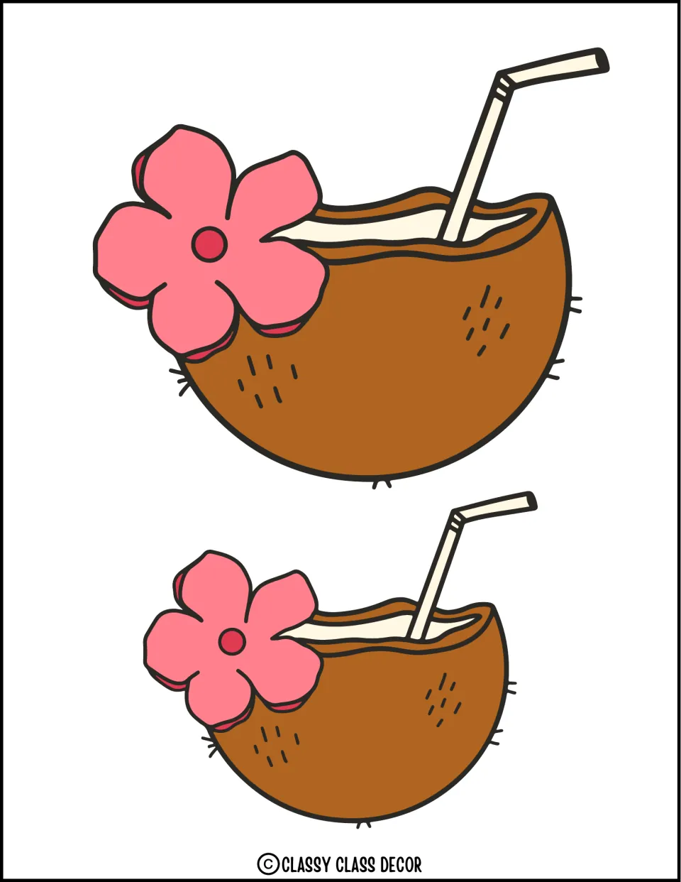 Summer decor cut-outs: mirrored coconut drinks, straw on the right and pink hibiscus on the left, one large and one small