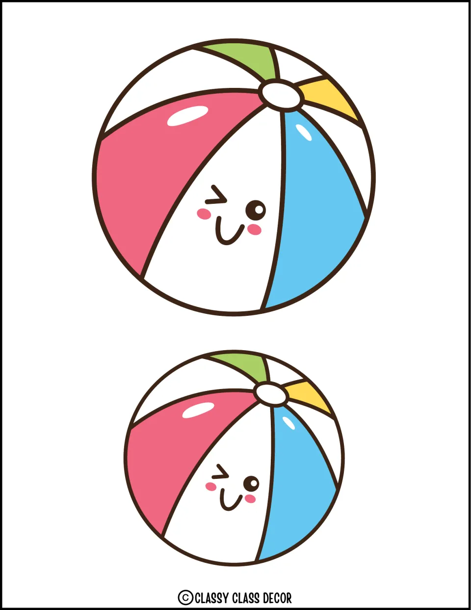 Beach ball cutouts: two smiling, winking beach balls in pink, blue, green and yellow, one large and one smaller, to cut out