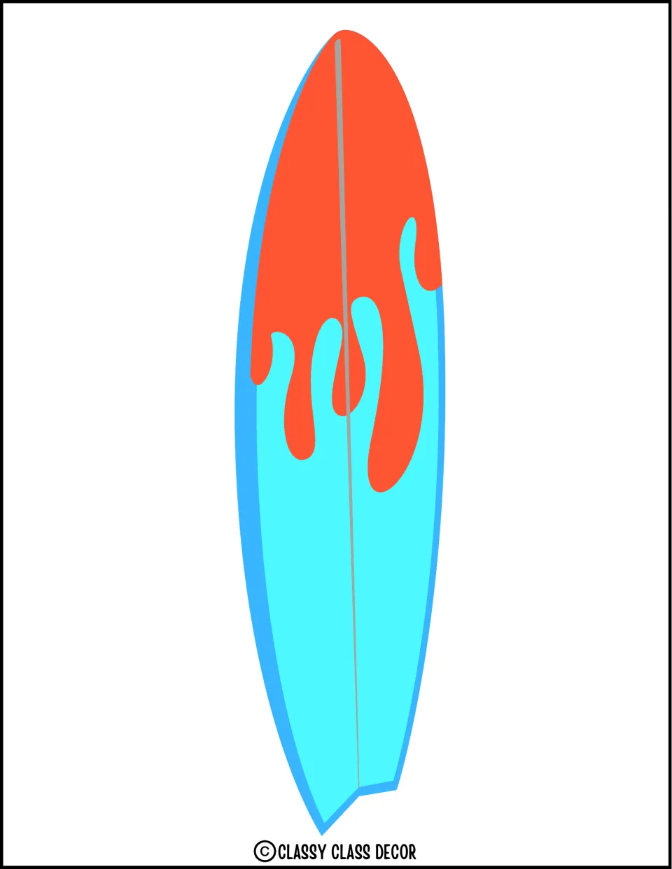 Summer decor cut-out: a tall surfboard with a red-orange top and dripping wave pattern over a light blue base