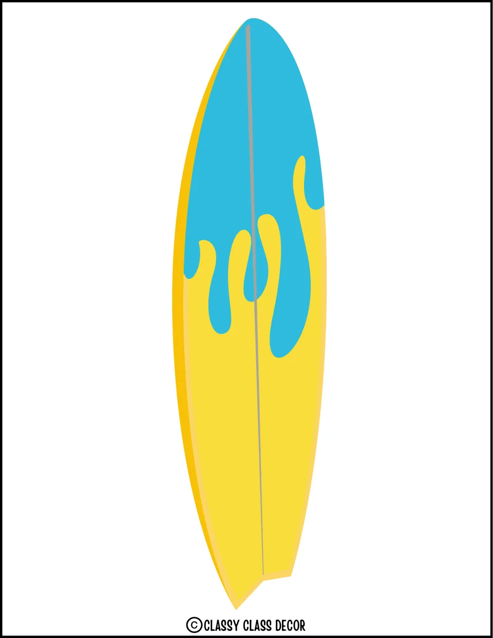 Summer decor cut-out: a surfboard in a second color scheme, bright blue on top dripping down into a yellow base