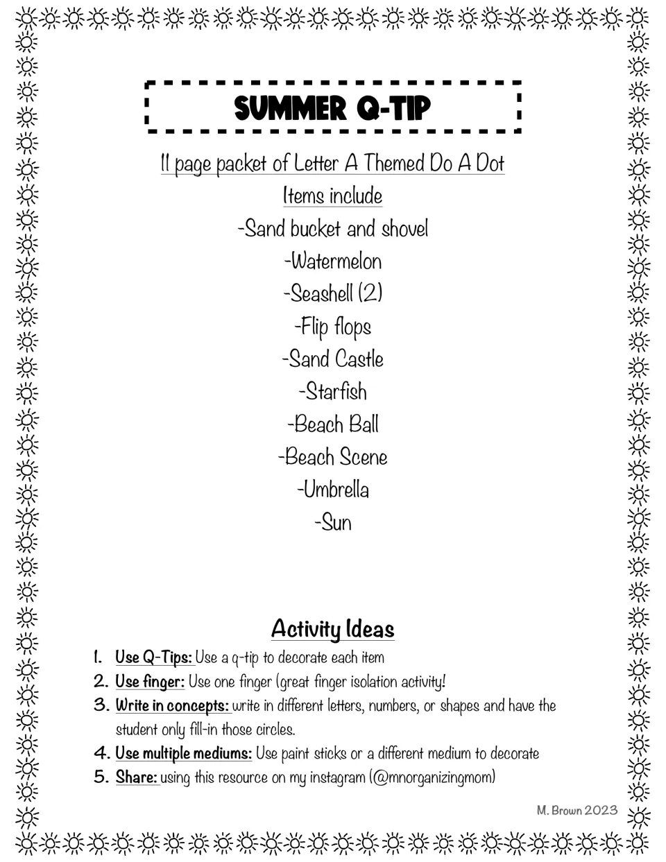 Summer Q-Tip do-a-dot packet cover listing 11 beach pictures, from sand bucket to sun, plus five activity ideas
