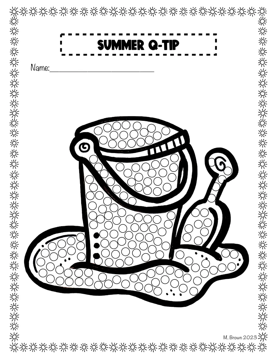 Sand bucket and shovel dot art: students press a Q-tip into each empty circle to fill the pail, scoop and sand