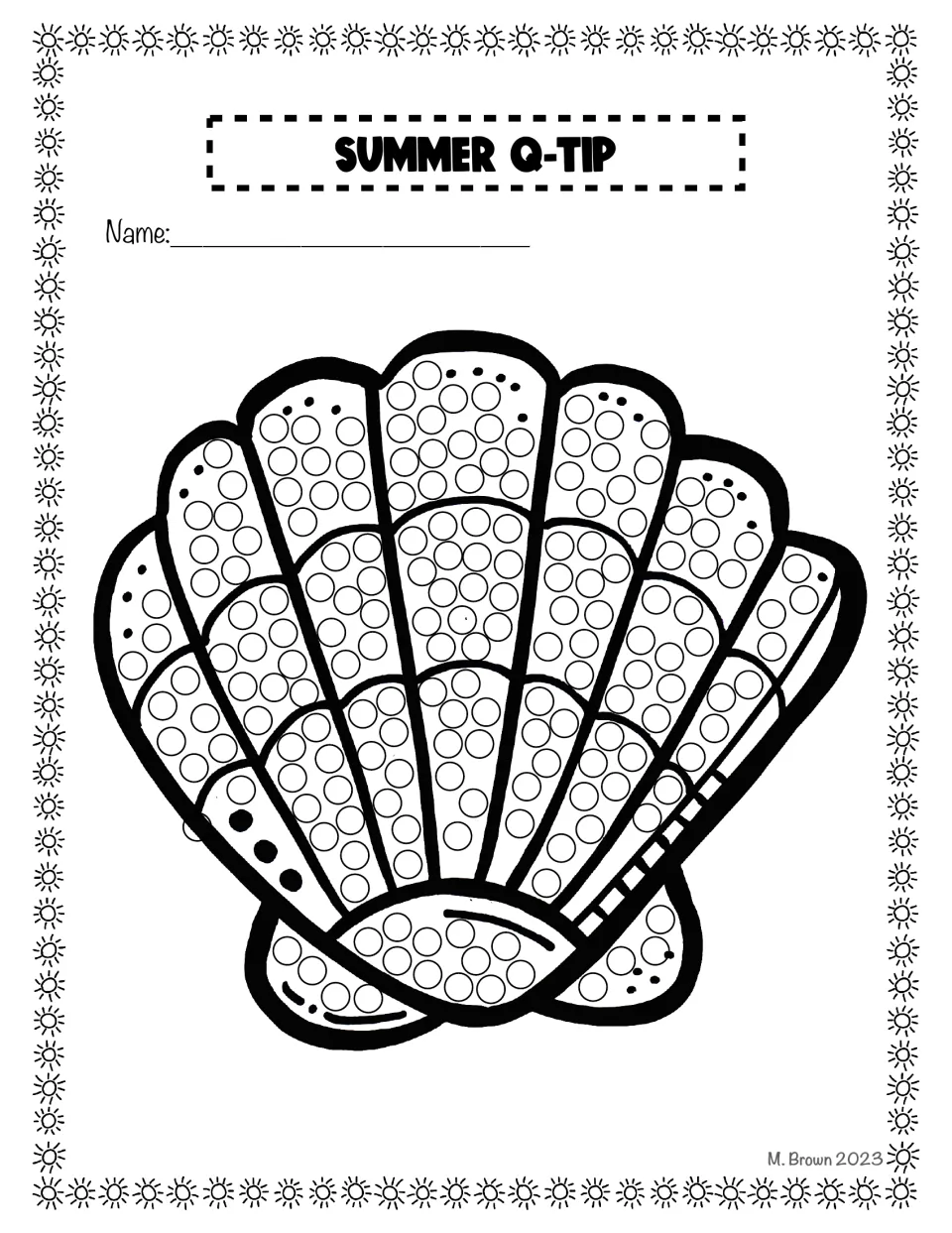 Scallop seashell dot art: students fill the circles in each ridge of the fan-shaped shell using a Q-tip or finger