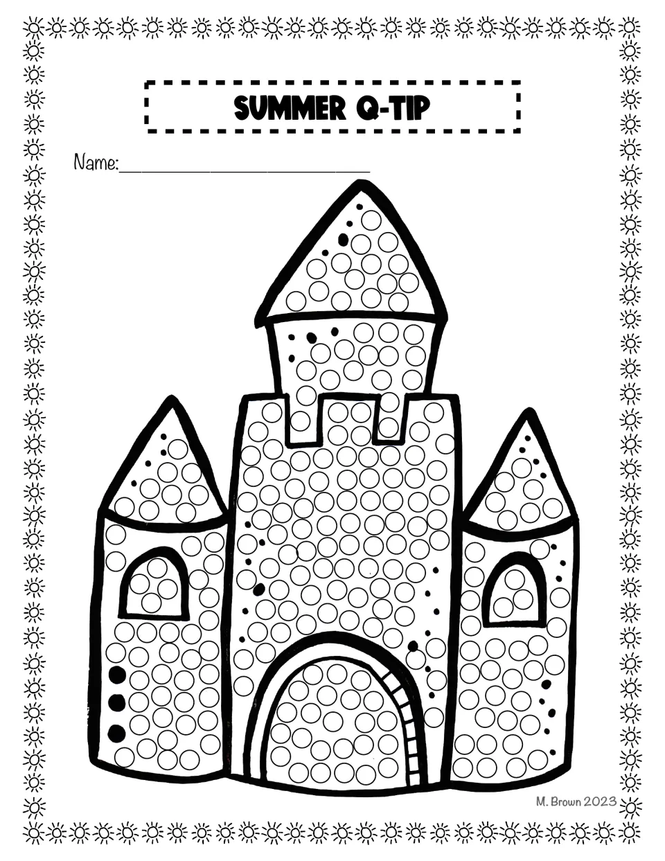 Sand castle dot art: students fill circles across three towers, windows and an arched door using a Q-tip