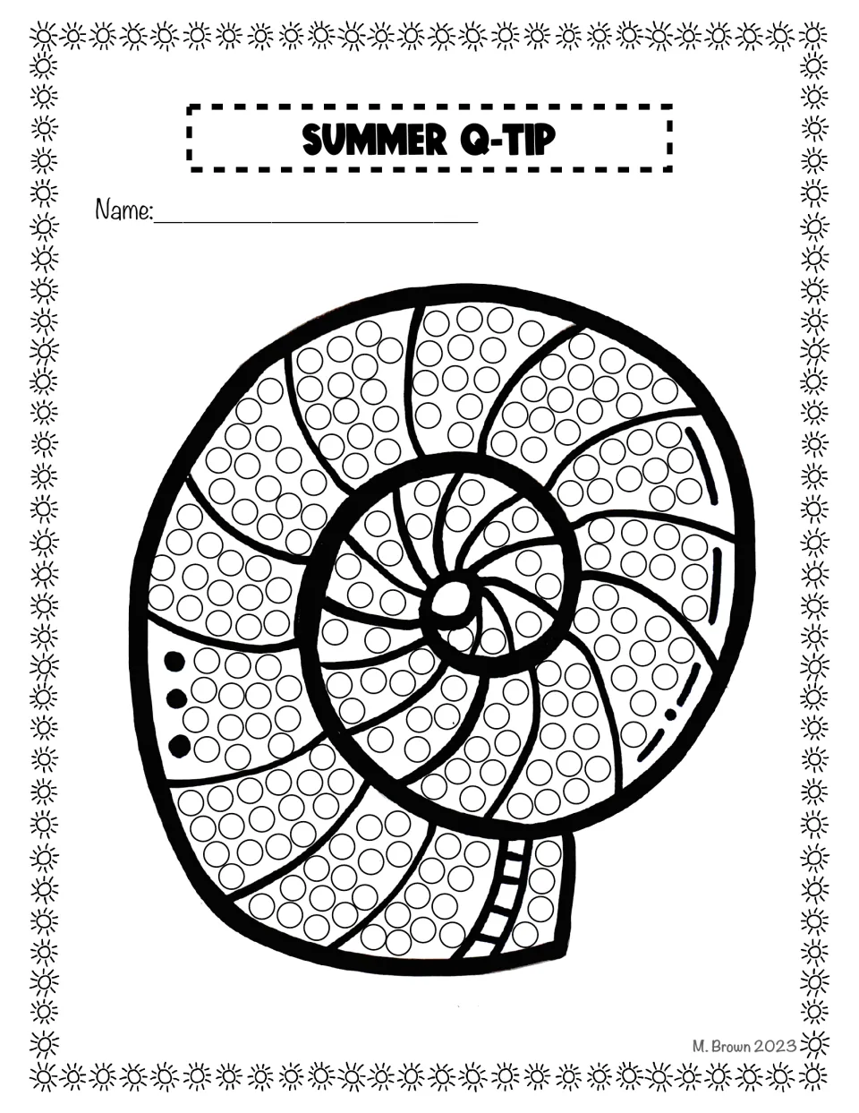 Spiral snail-style seashell dot art: students dot the circles in each curved section winding toward the center