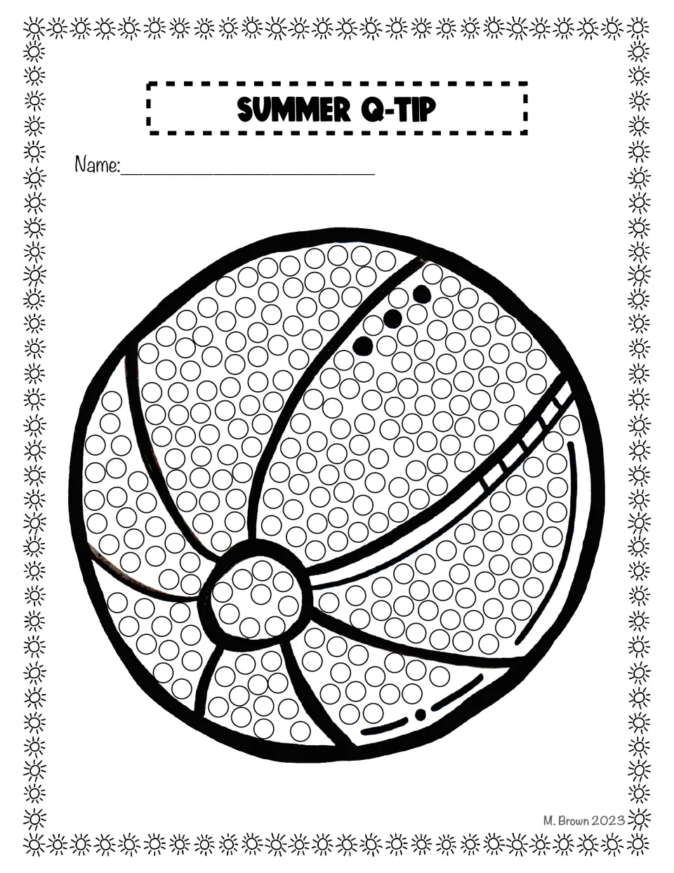Beach ball dot art: students fill the circles in each curved panel and the center cap of the ball with a Q-tip