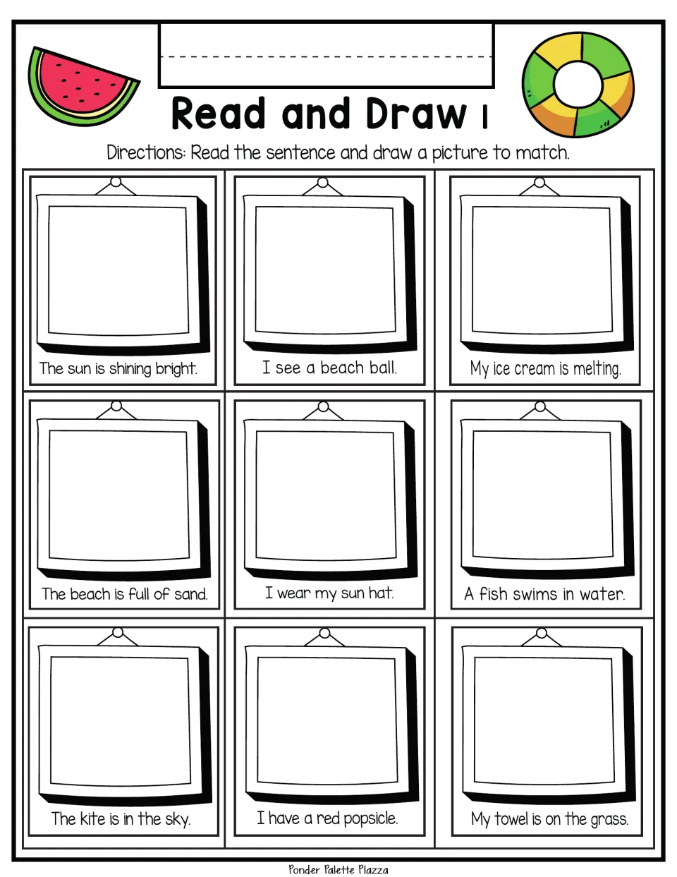 Read and Draw 1: students read 9 summer sentences, such as I see a beach ball, and draw a matching picture for each