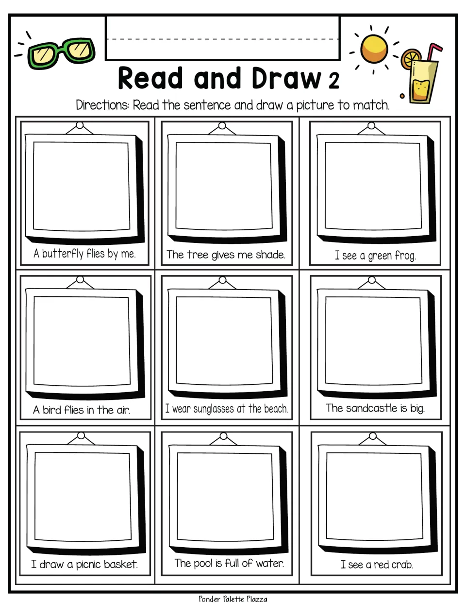Read and Draw 2: students read sentences like I see a green frog and The sandcastle is big, then draw each one to match