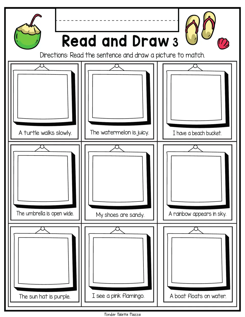 Read and Draw 3: students read 9 beach sentences, from A turtle walks slowly to I see a pink flamingo, and illustrate each