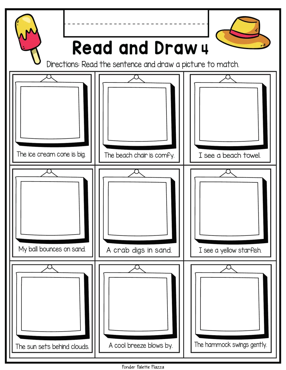 Read and Draw 4: students read sentences like A crab digs in sand and The hammock swings gently, then illustrate them