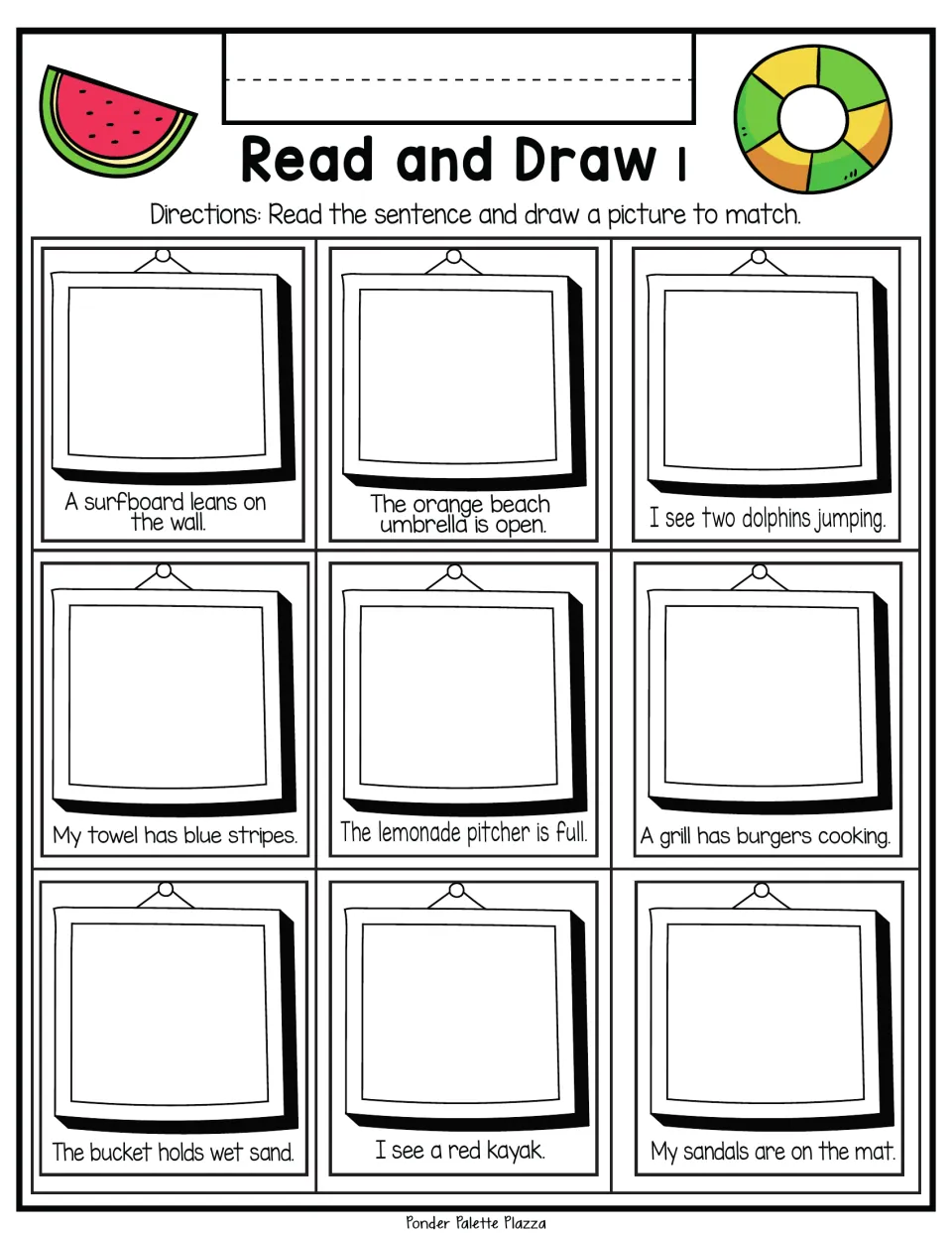 Read and Draw 1: students read 9 summer sentences, such as a surfboard on the wall, and draw a picture to match each one