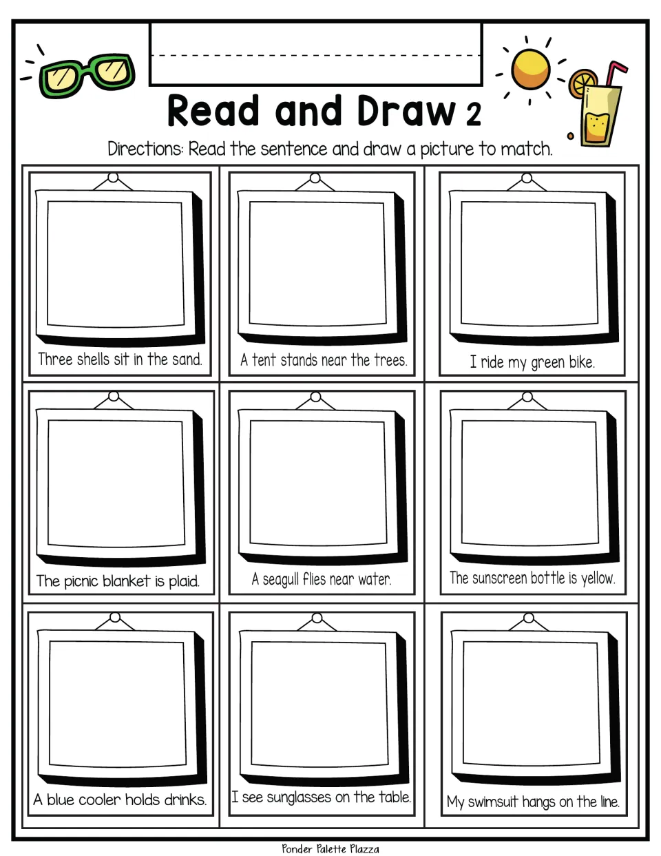 Read and Draw 2: students sketch 9 beach and camping sentences, like three shells in the sand and a plaid picnic blanket
