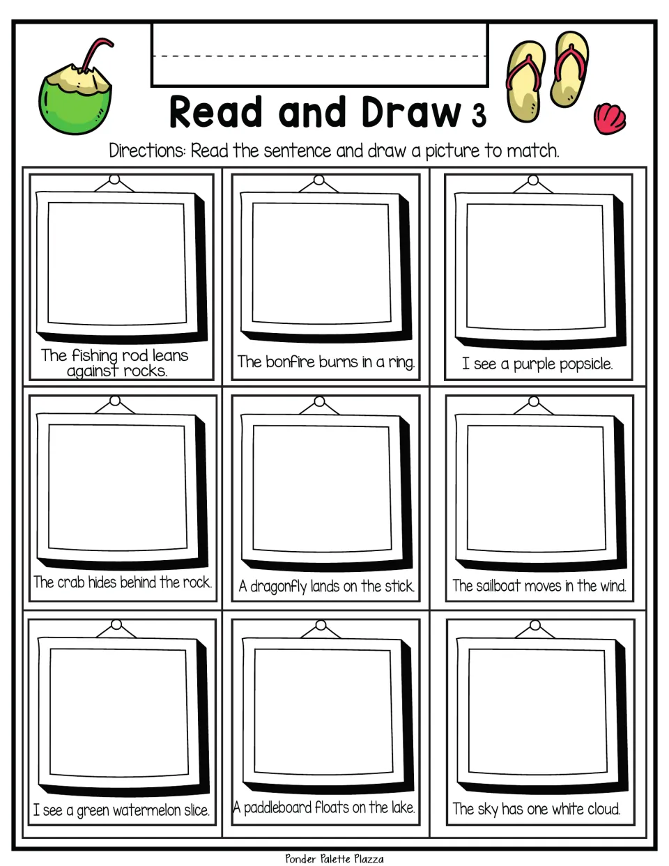 Read and Draw 3: students illustrate 9 outdoor sentences, from a crab behind a rock to a purple popsicle and a sailboat