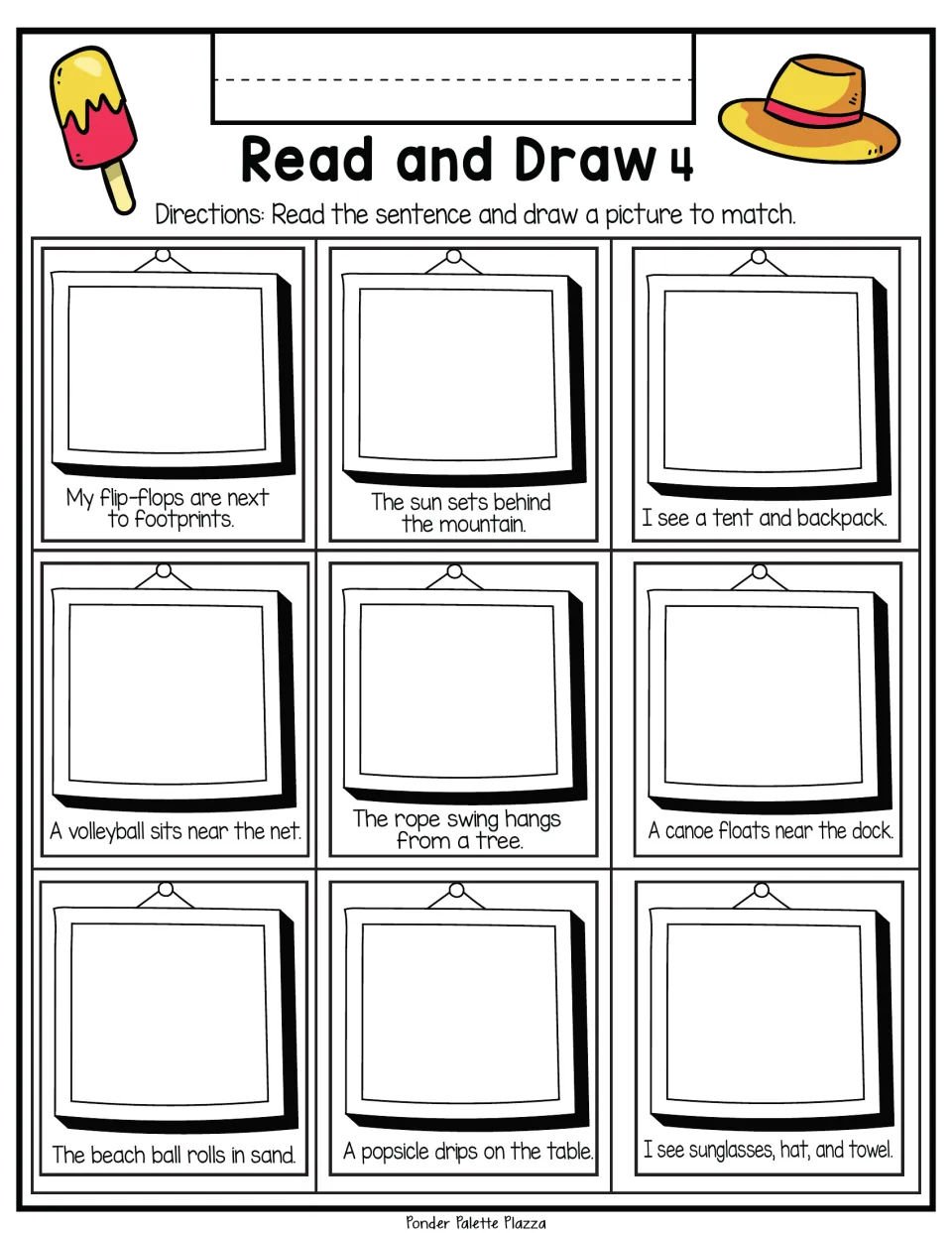 Read and Draw 4: students draw 9 summer scenes from sentences such as a canoe near the dock and a rope swing from a tree