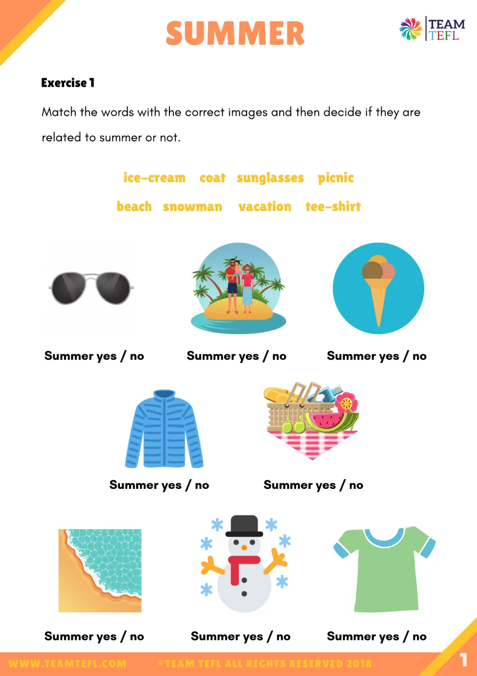 Summer vocabulary exercise: match eight words to pictures and decide whether each relates to summer.