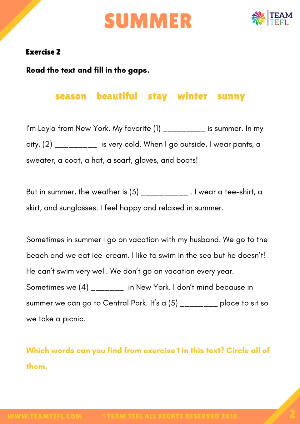 Summer reading passage about Layla in New York, with five word-bank blanks and a vocabulary search.