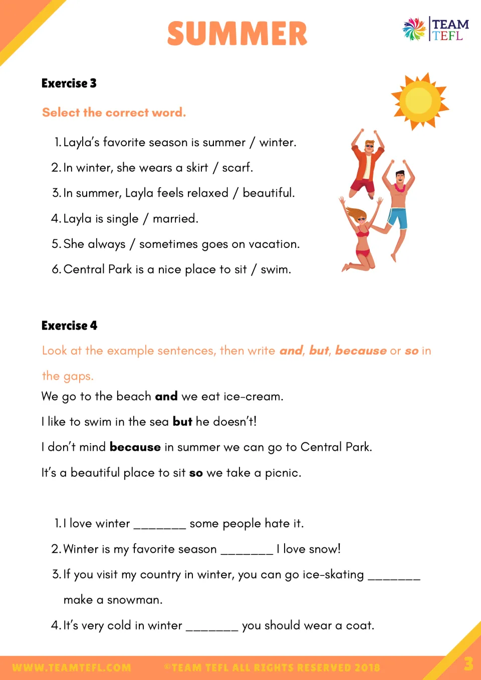 Summer reading follow-up: six word-choice questions and four blanks using and, but, because, or so.