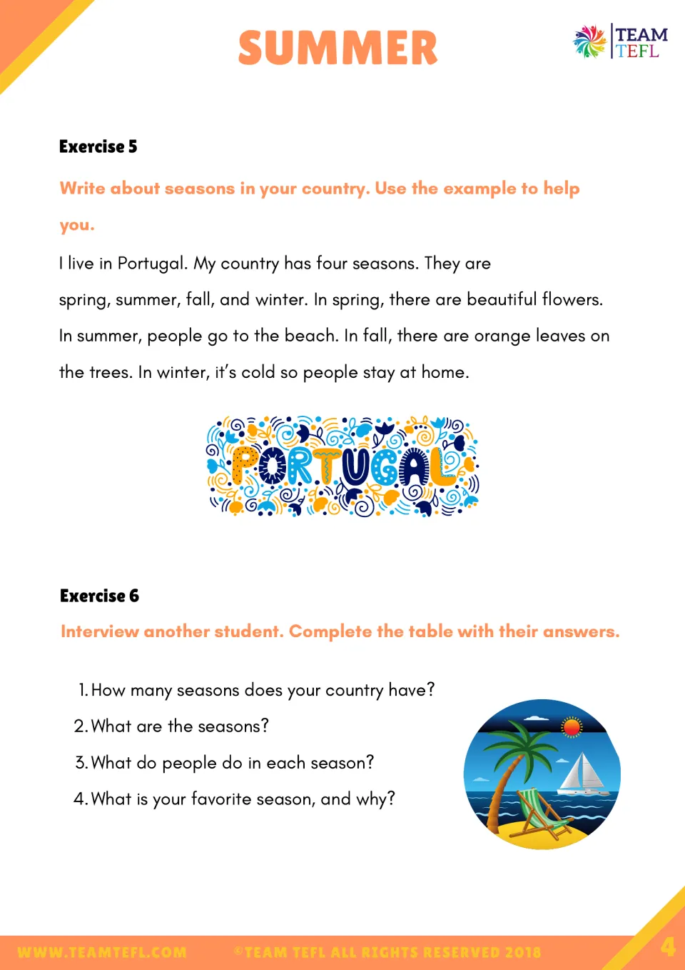 Seasons writing exercise using Portugal as a model, followed by four questions for a student interview.