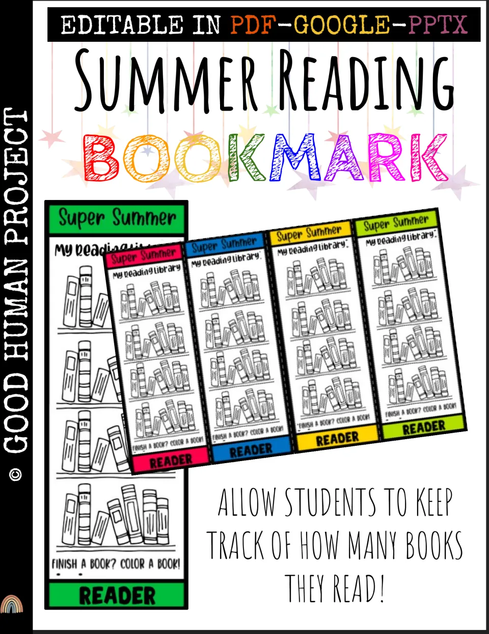 Summer Reading Bookmark cover: editable in PDF, Google and PPTX, showing Super Summer READER bookmarks to track books read