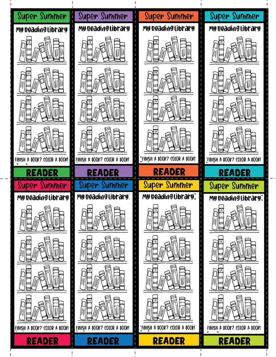 My Reading Library bookmarks: 8 strips in green, purple, orange, teal, pink, blue, yellow and lime, with books to color