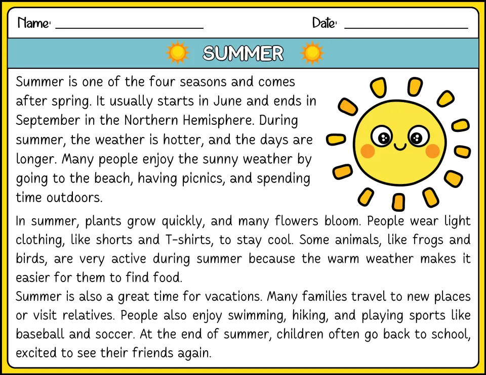Summer passage in color: students read about summer weather, plants, animals, vacations and going back to school