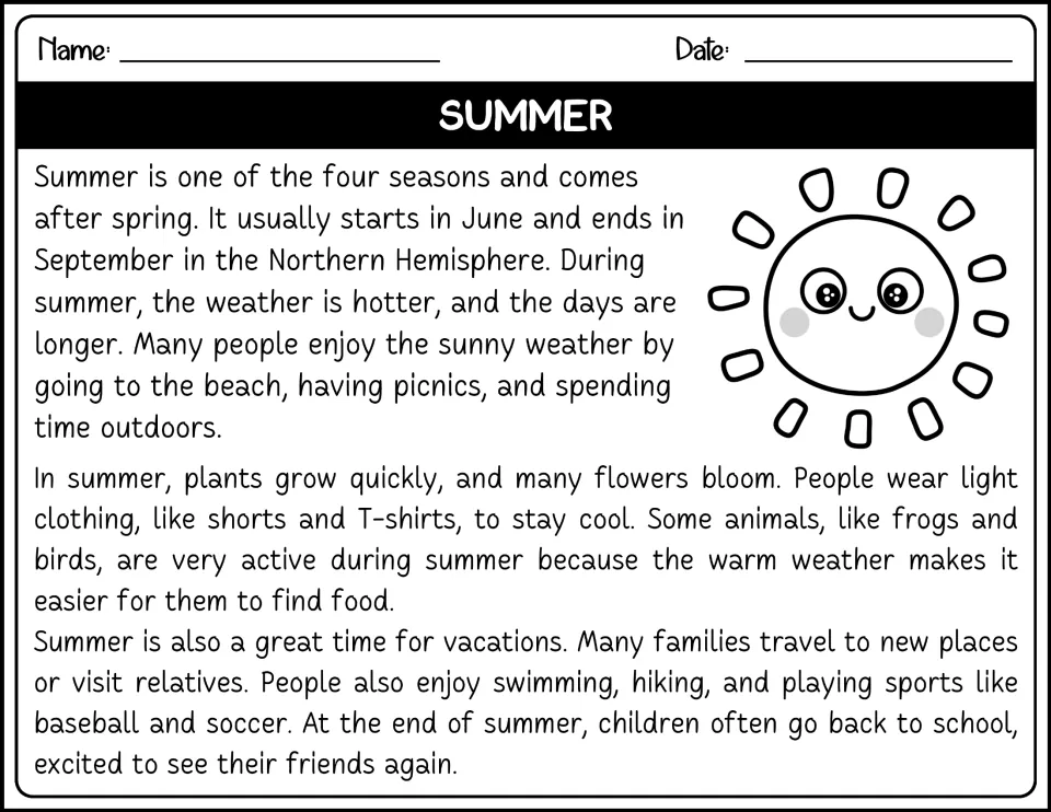 Summer reading passage in black and white about June to September, longer days, frogs and birds, and family trips