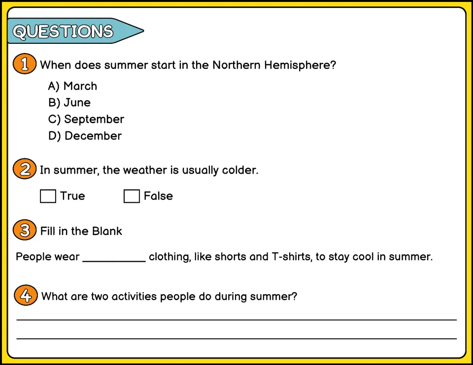 Summer comprehension questions 1-4 in color: multiple choice, true or false, fill in the blank and a short answer